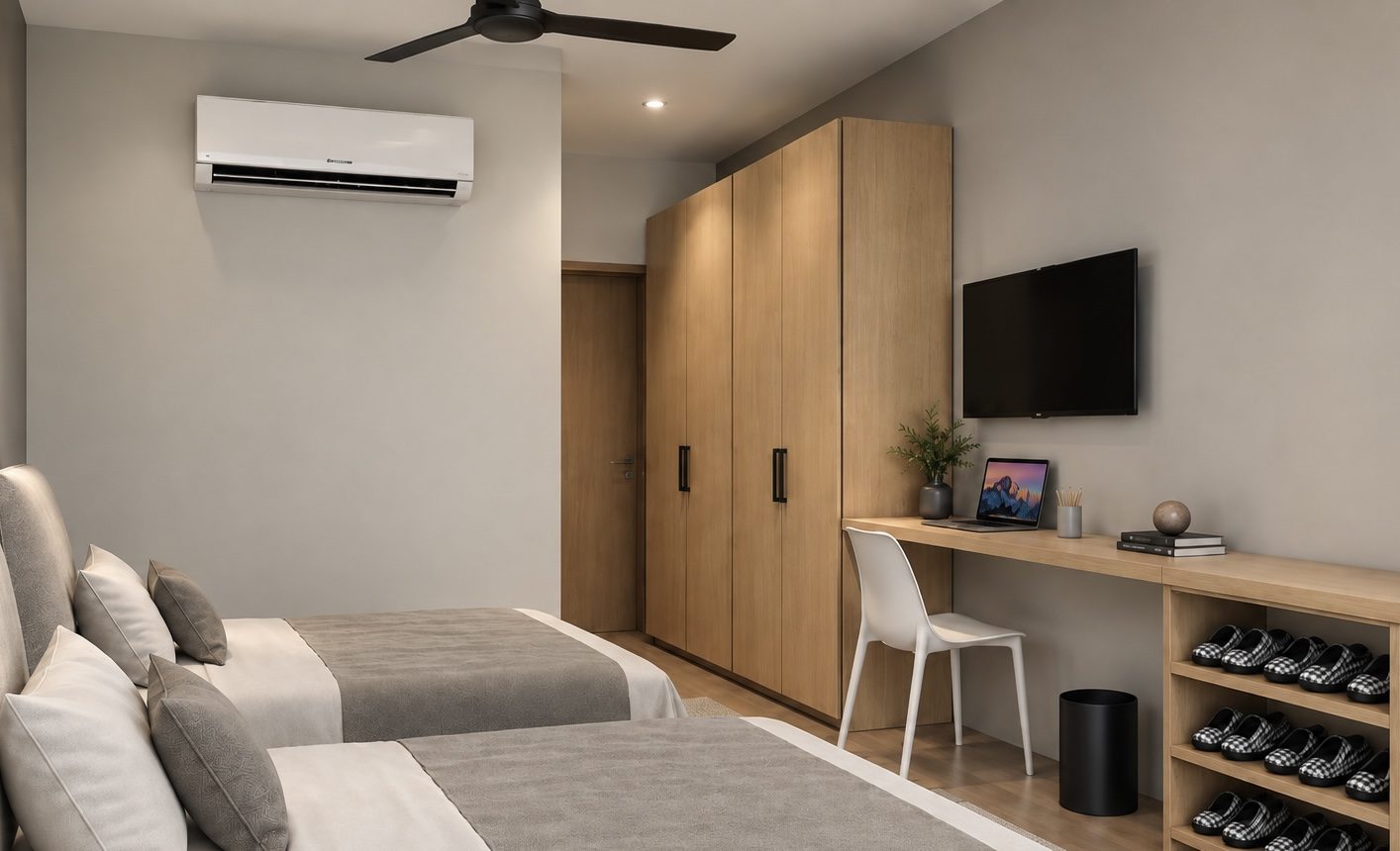 Bed, study desk and wardrobe in the 2 sharing women's PG room, Perungudi OMR