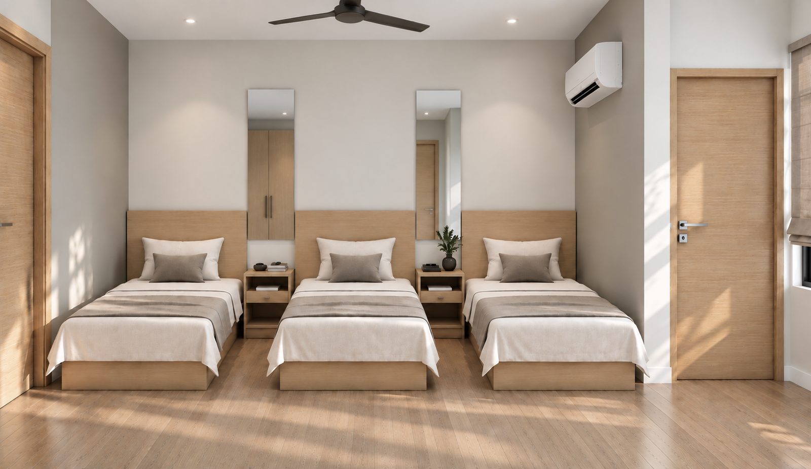 Three beds with headboards and mirrors in the 3 sharing women's PG room, Perungudi OMR Chennai