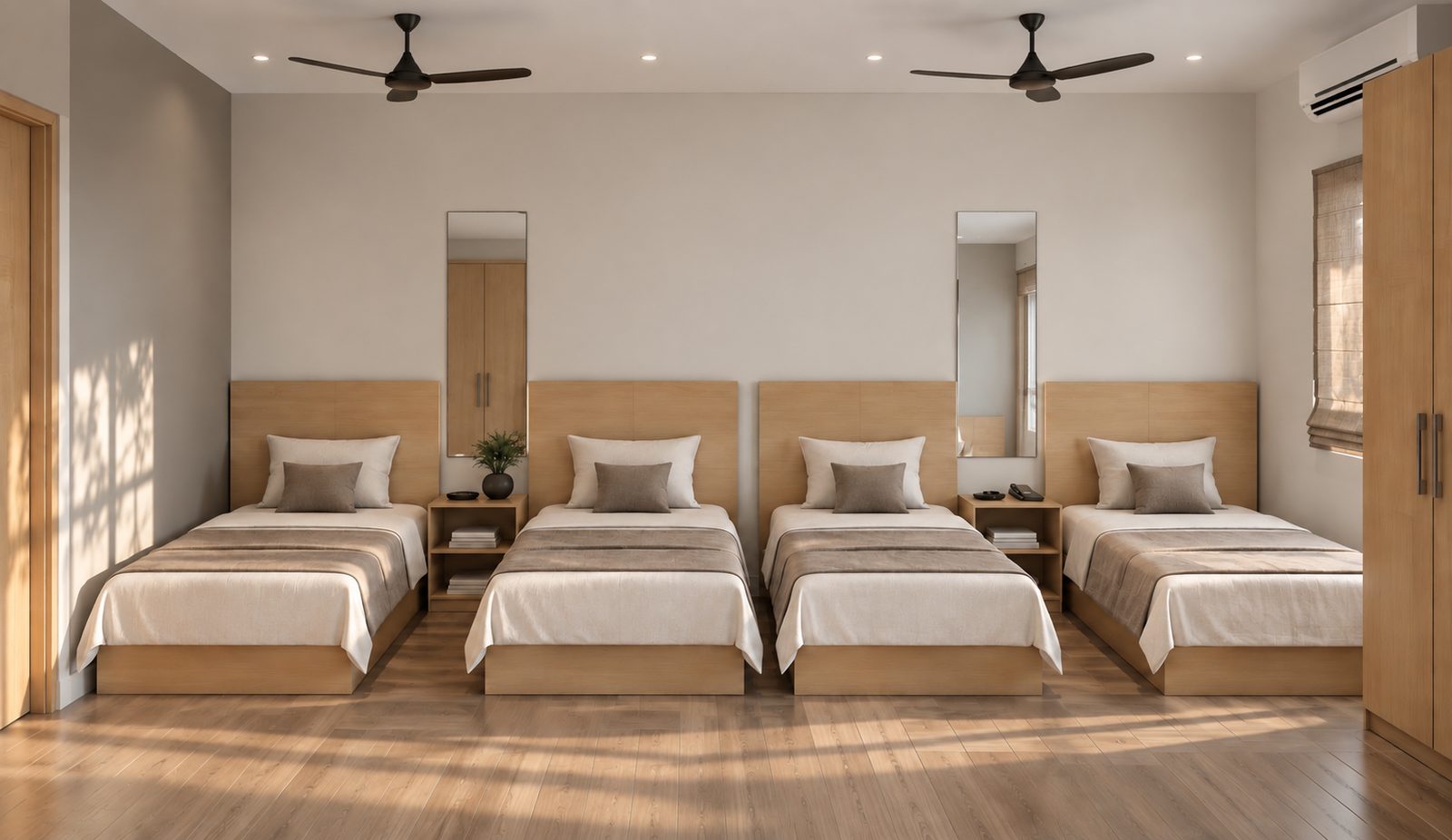 Four light-wood platform beds in the 4 sharing women's PG room, Perungudi