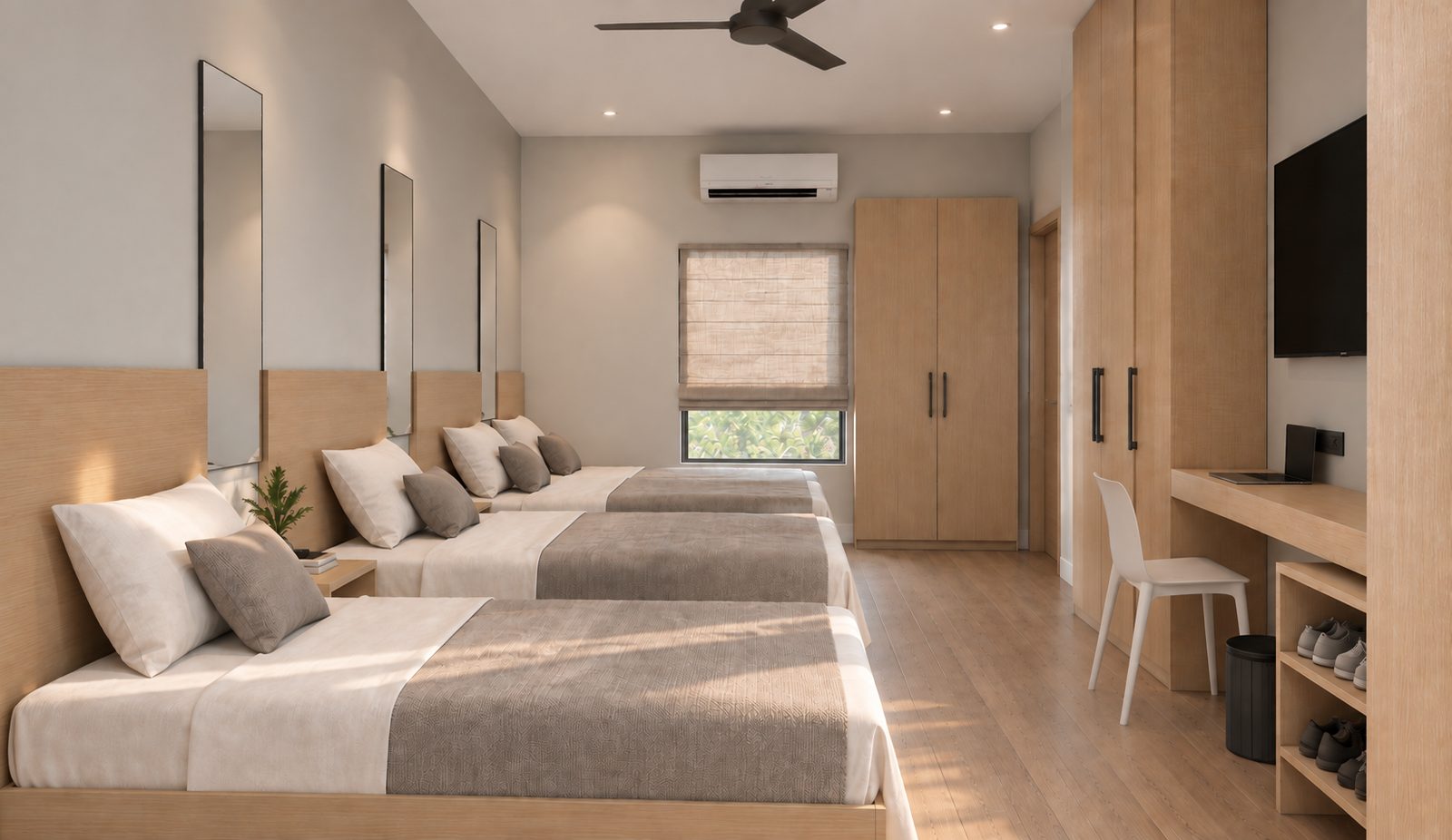4 sharing ladies PG room near OMR IT parks Chennai with furnished beds