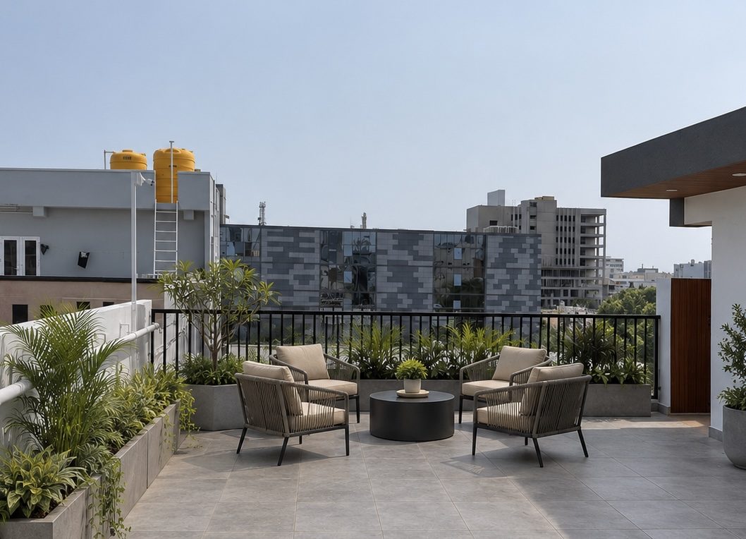 Open terrace with outdoor seating at GT Stays ladies PG near OMR, Chennai