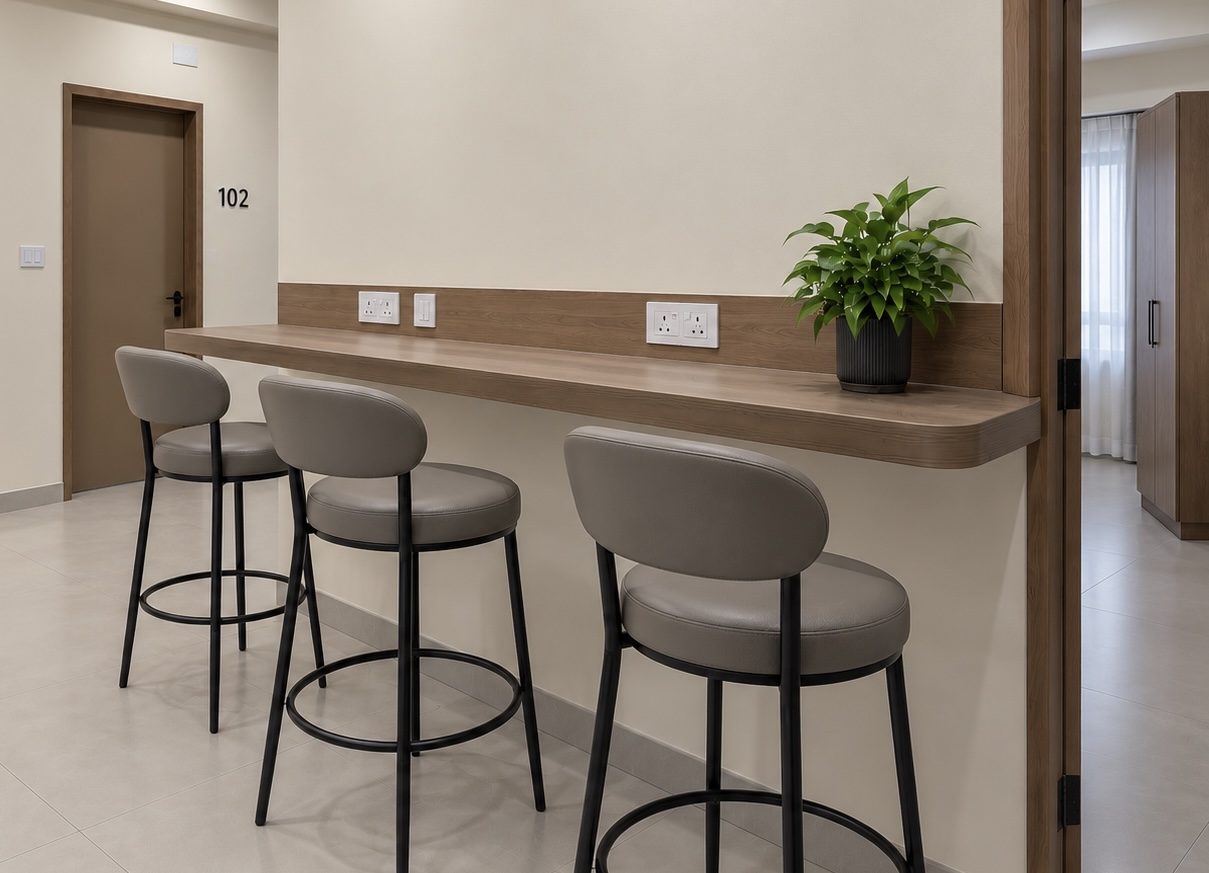 Work counter with charging points and study area at GT Stays women's PG in Perungudi, OMR